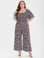 VIP Plus Leopard Square Neck Ruffle Sleeve Pocket Elastic Waist Jumpsuits