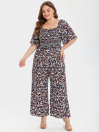 VIP Plus Leopard Square Neck Ruffle Sleeve Pocket Elastic Waist Jumpsuits