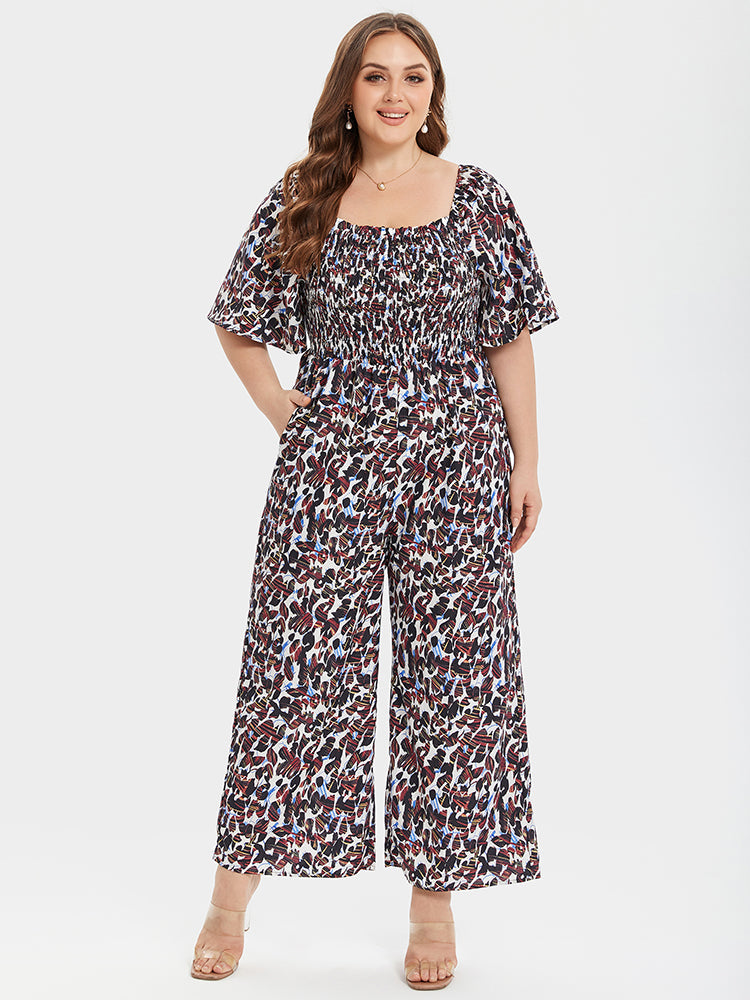 VIP Plus Leopard Square Neck Ruffle Sleeve Pocket Elastic Waist Jumpsuits