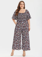 VIP Plus Leopard Square Neck Ruffle Sleeve Pocket Elastic Waist Jumpsuits
