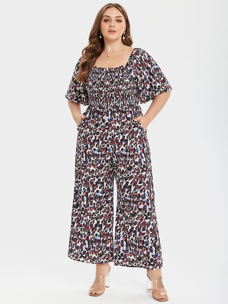 VIP Plus Leopard Square Neck Ruffle Sleeve Pocket Elastic Waist Jumpsuits