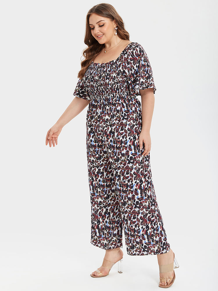 VIP Plus Leopard Square Neck Ruffle Sleeve Pocket Elastic Waist Jumpsuits