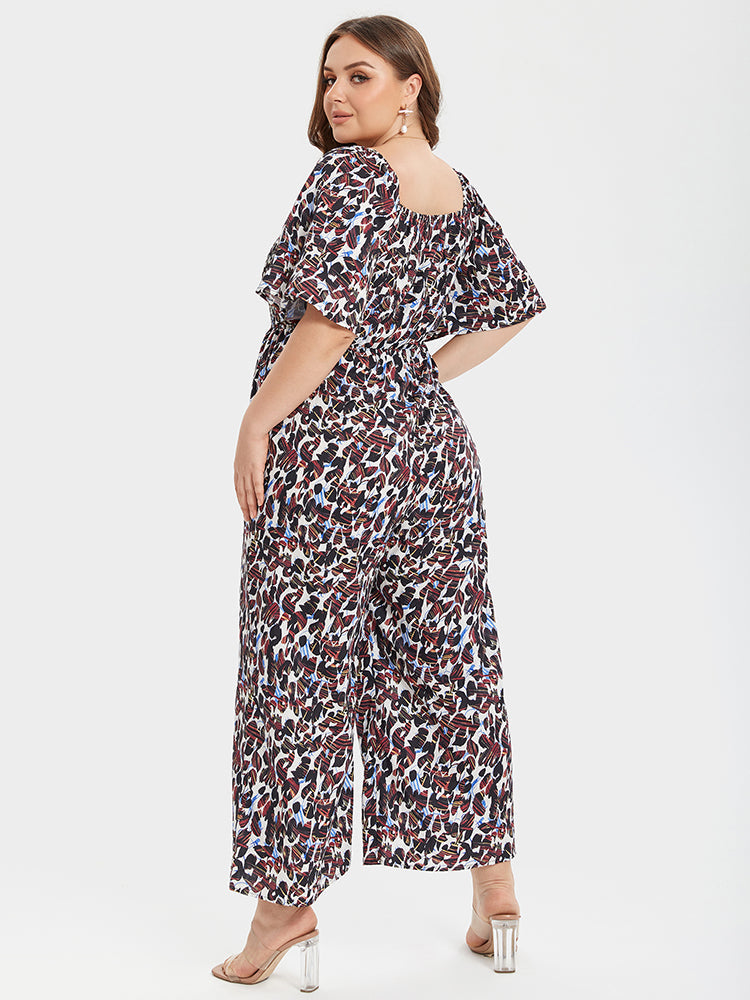 VIP Plus Leopard Square Neck Ruffle Sleeve Pocket Elastic Waist Jumpsuits
