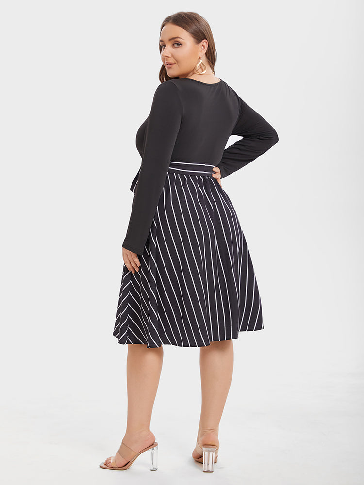 Striped Print Square Neck Belted Midi Dress