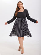 Striped Print Square Neck Belted Midi Dress
