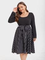 Striped Print Square Neck Belted Midi Dress