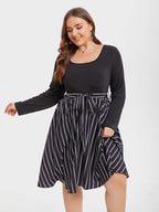 Striped Print Square Neck Belted Midi Dress