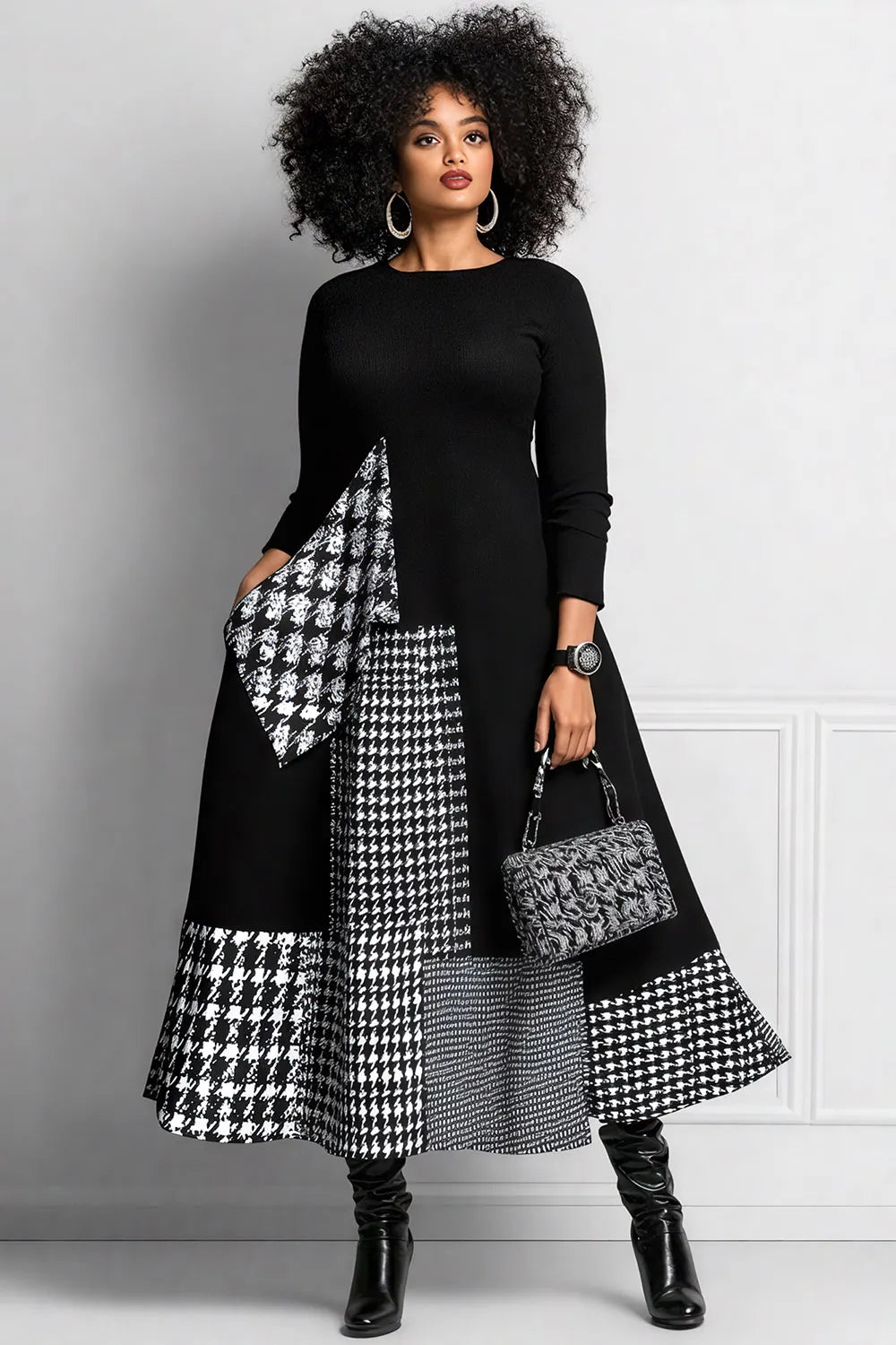 Xpluswear Design Plus Size Daily Black Houndstooth Round Neck Long Sleeve Pocket Elegant Maxi Dresses