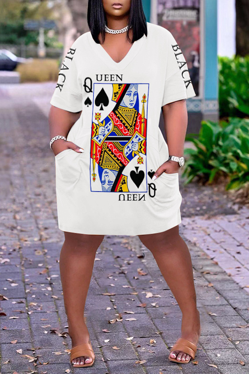 Xpluswear Plus Size Casual Poker Queen Print V Neck Short Sleeve With Pockets Midi Dress