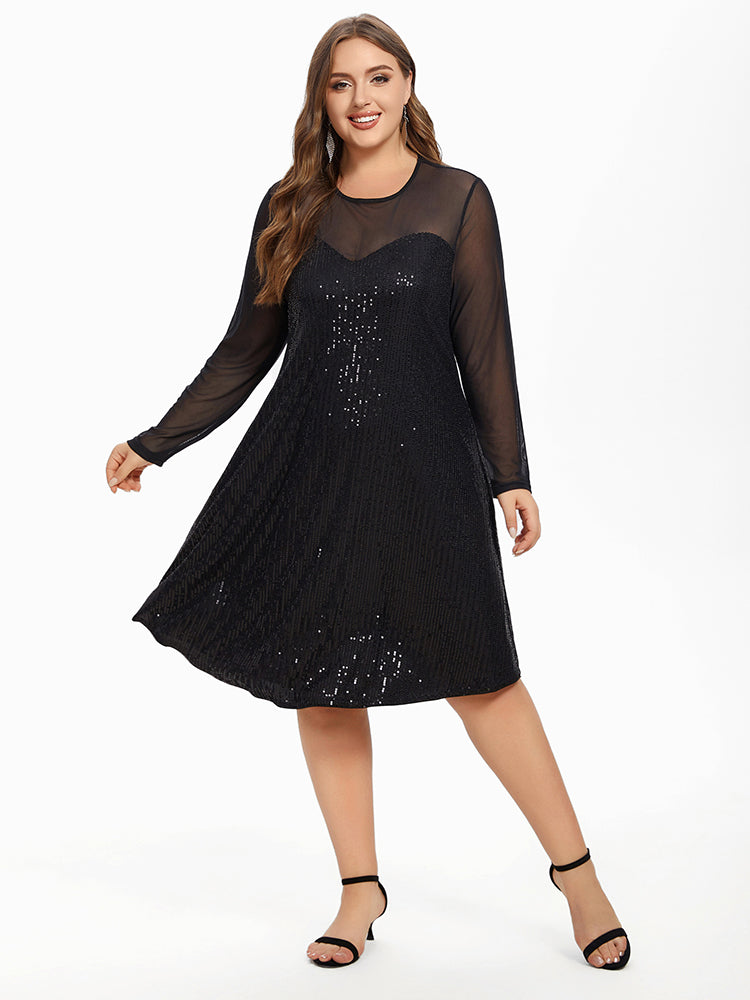 Contrast Mesh Sleeve Sequin Midi Dress