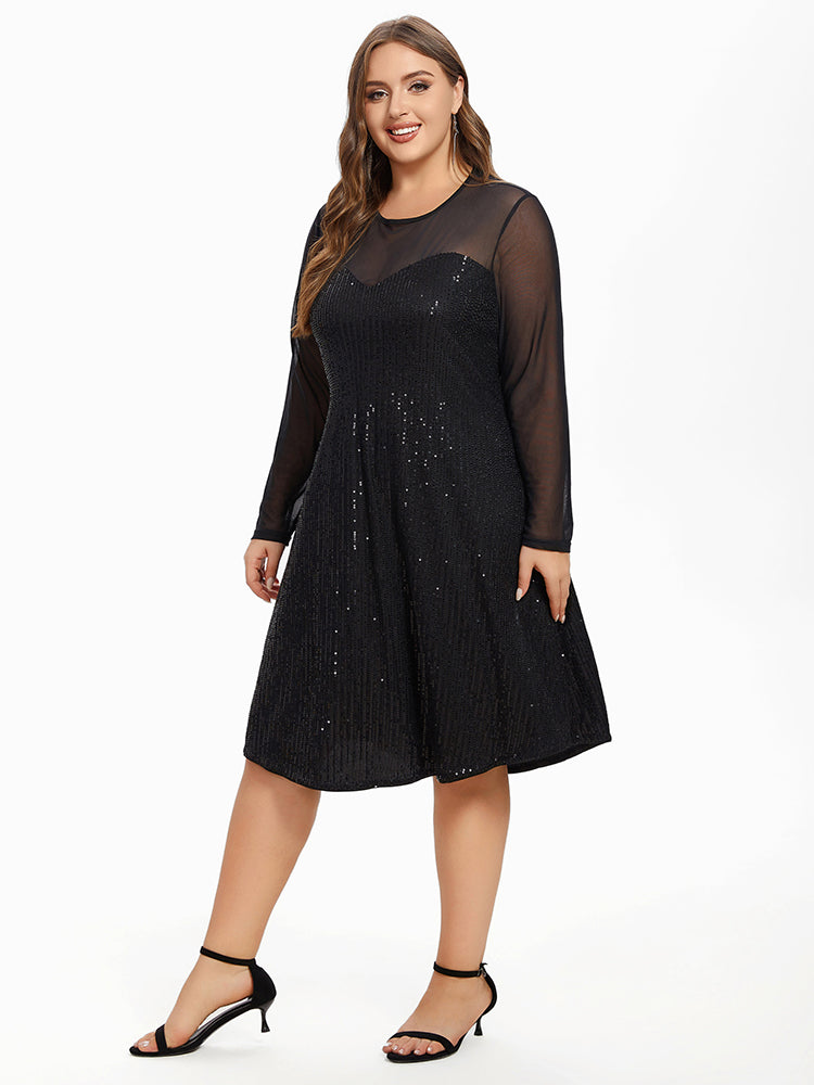 Contrast Mesh Sleeve Sequin Midi Dress