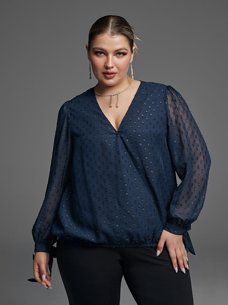 Swiss Dot Knot Cuff Elastic Hem Blouse
