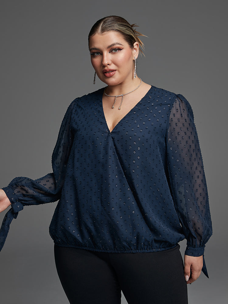 Swiss Dot Knot Cuff Elastic Hem Blouse