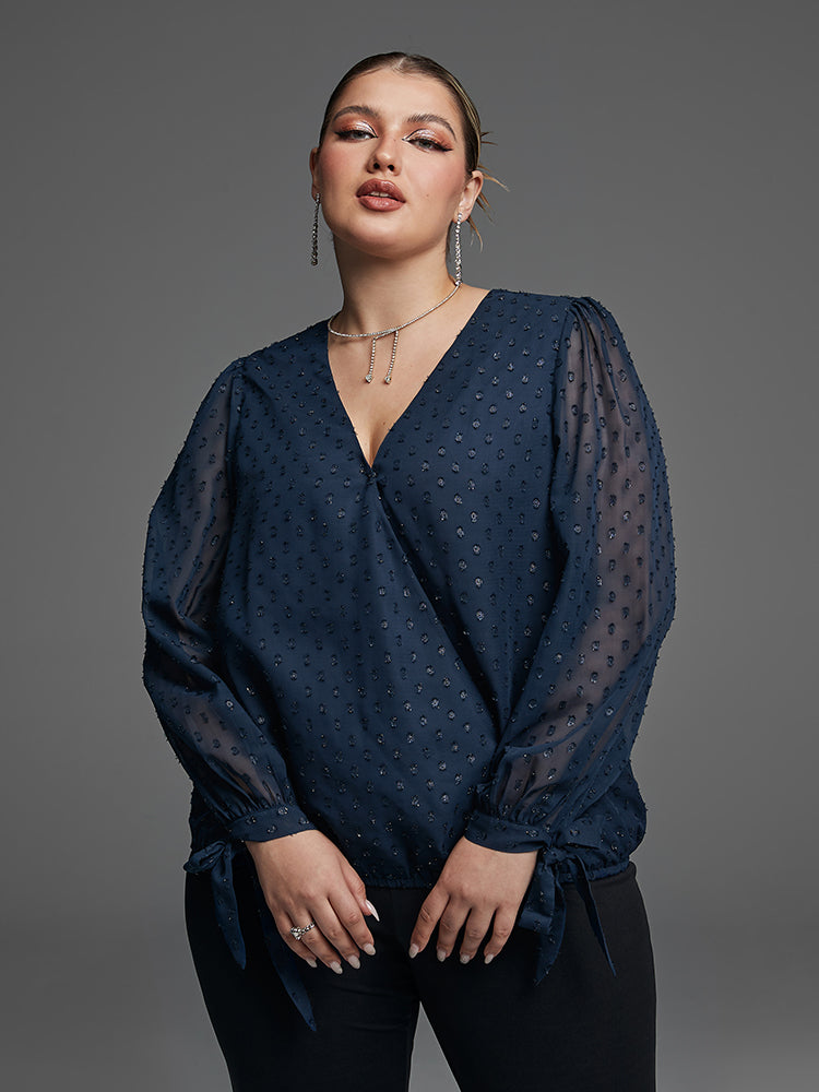 Swiss Dot Knot Cuff Elastic Hem Blouse