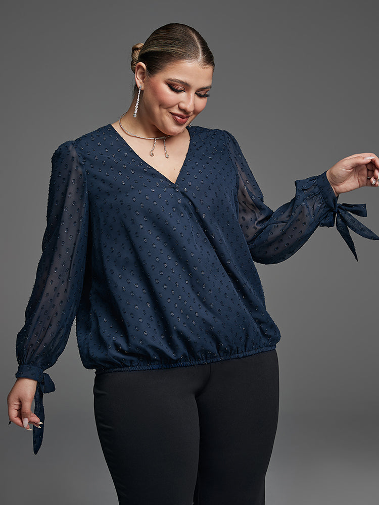 Swiss Dot Knot Cuff Elastic Hem Blouse