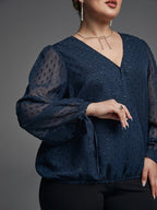 Swiss Dot Knot Cuff Elastic Hem Blouse