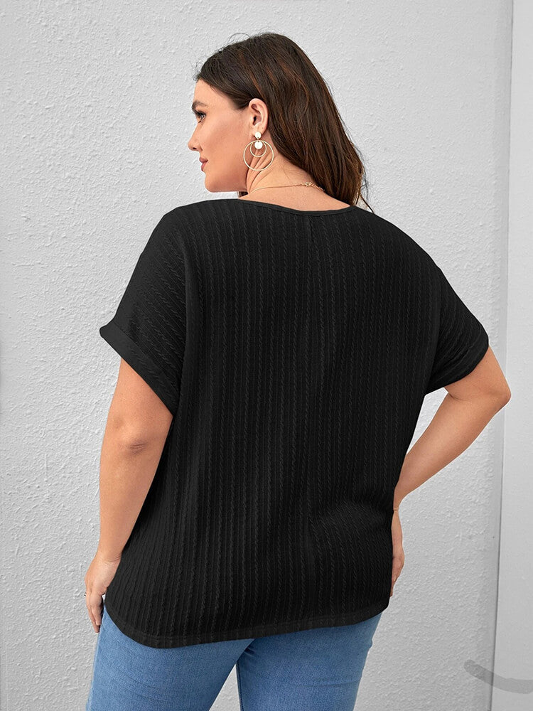 Plus Plain Round Neck Cuffed Sleeves Tee