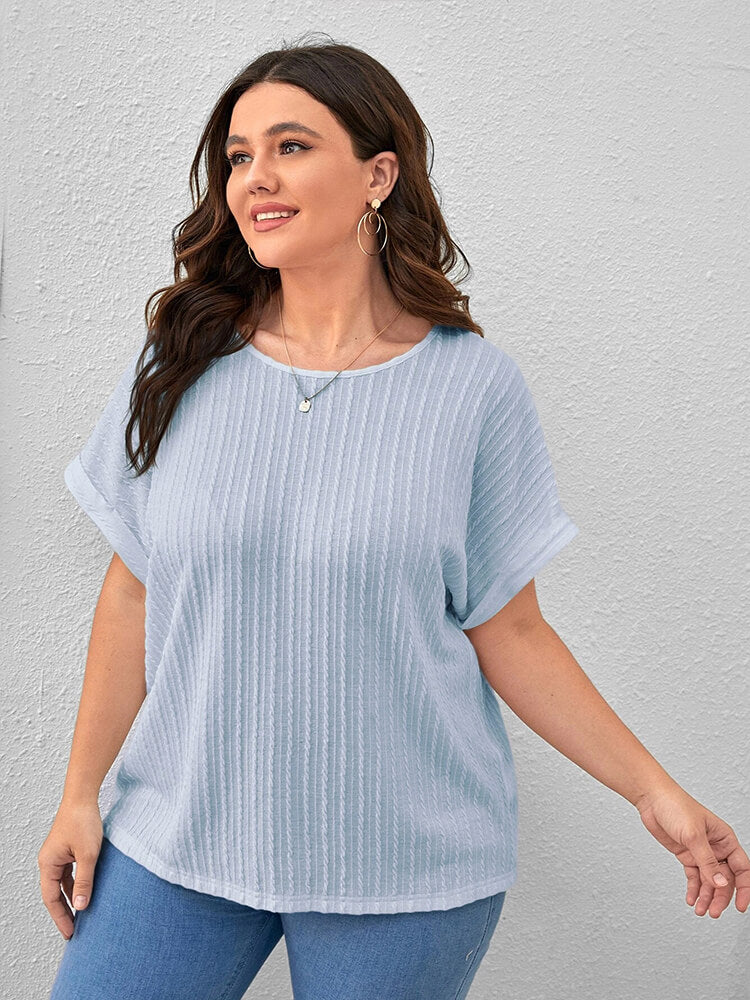 Plus Plain Round Neck Cuffed Sleeves Tee