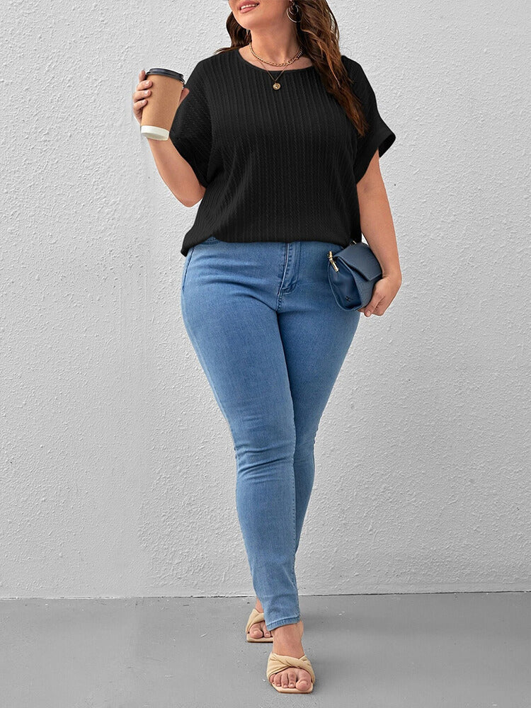 Plus Plain Round Neck Cuffed Sleeves Tee