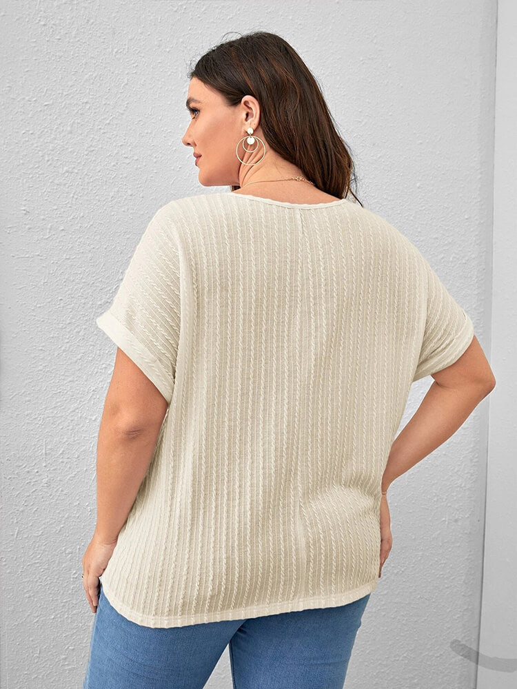Plus Plain Round Neck Cuffed Sleeves Tee