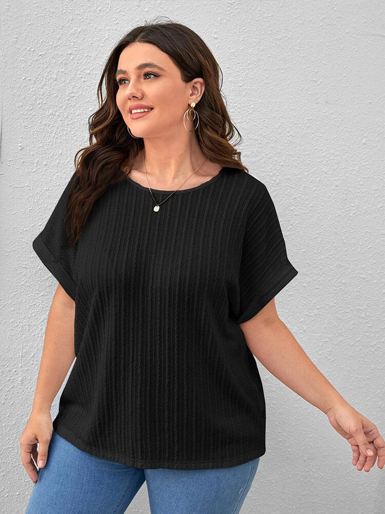 Plus Plain Round Neck Cuffed Sleeves Tee