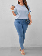 Plus Plain Round Neck Cuffed Sleeves Tee