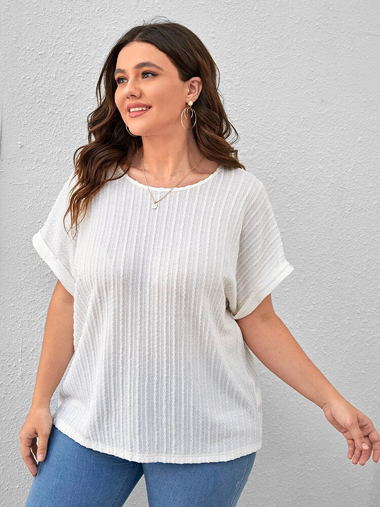 Plus Plain Round Neck Cuffed Sleeves Tee