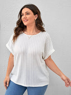 Plus Plain Round Neck Cuffed Sleeves Tee