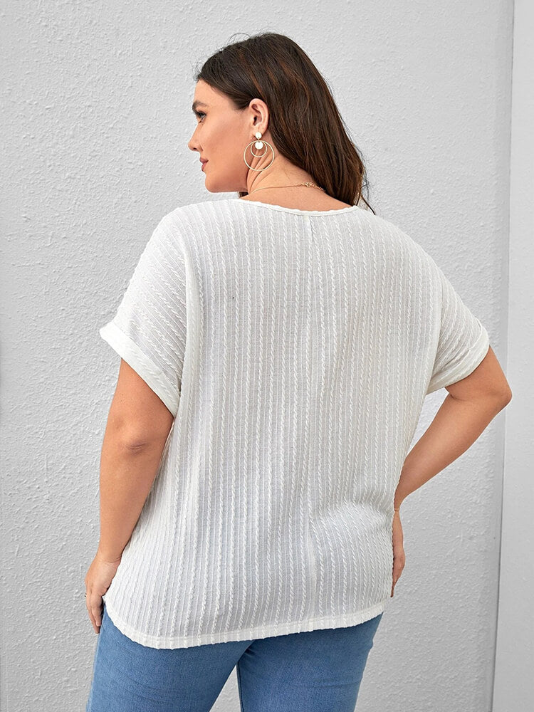 Plus Plain Round Neck Cuffed Sleeves Tee