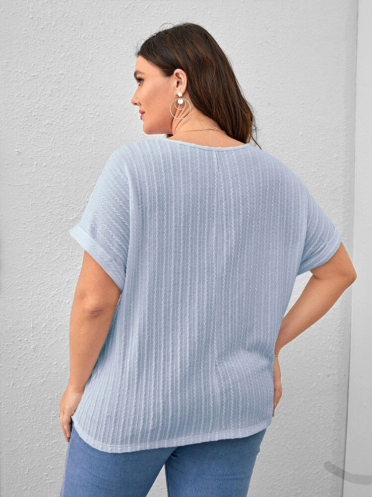 Plus Plain Round Neck Cuffed Sleeves Tee