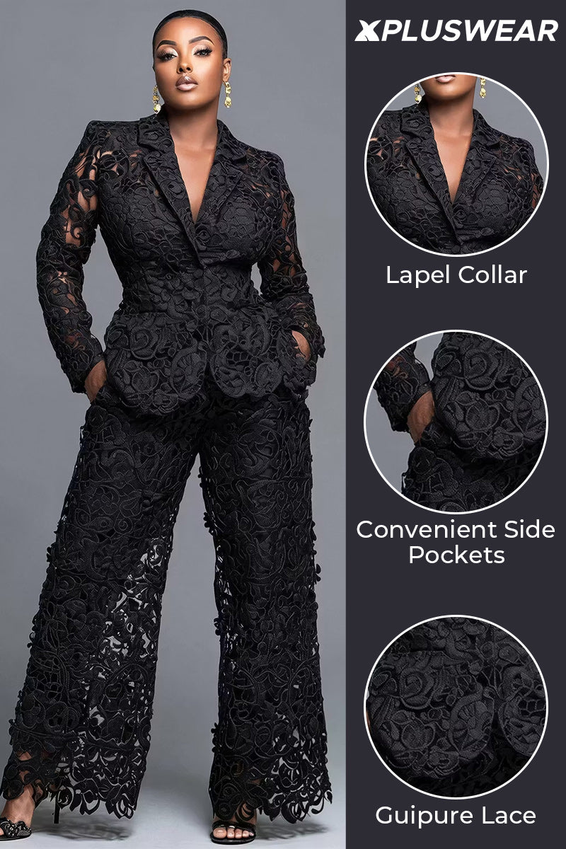 Xpluswear Design Plus Size Formal Black Lapel Collar Long Sleeve Cut Out Pocket Guipure Lace Two Piece Pant Suits