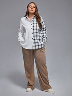 VIP Plus Plaid Patchwork Button Front Blouse