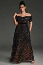 Curveins Plus Size Off-Shoulder Waist Cinched Striped Sequin Maxi Evening Dress