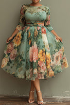 Xpluswear Design Plus Size Vacation Sage Green Floral Round Neck 3/4 Sleeve See Through Tulle Midi Dresses