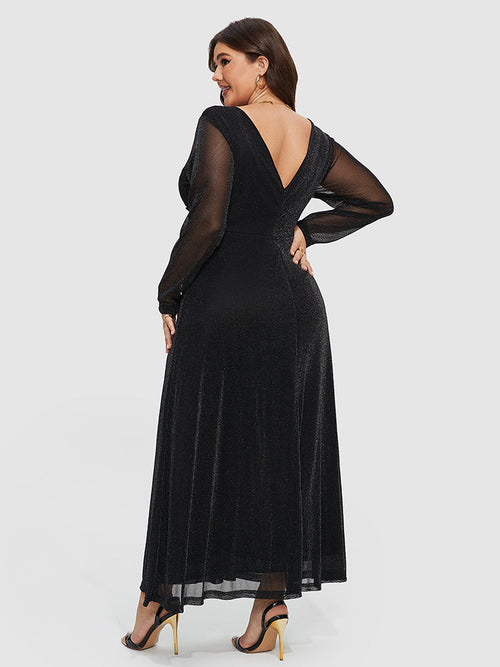Contrast Mesh Sleeve Elastic Waist Gillter Dress