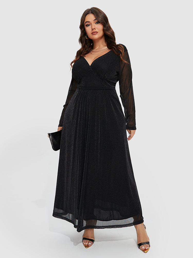 Contrast Mesh Sleeve Elastic Waist Gillter Dress