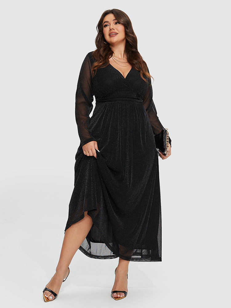 Contrast Mesh Sleeve Elastic Waist Gillter Dress