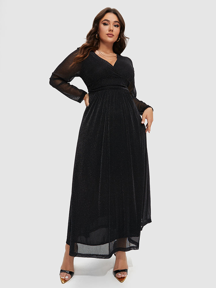 Contrast Mesh Sleeve Elastic Waist Gillter Dress