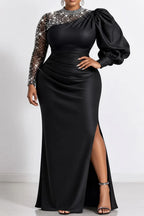 Xpluswear Design Plus Size Formal Black Round Neck Lantern Sleeve Long Sleeve Drilling Split Satin Maxi Dresses [Pre-Order]