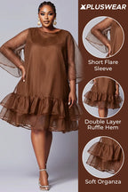 Xpluswear Design Plus Size Party Elegant Brown Round Neck Flare Short Sleeve Ruffle Organza Midi Dresses