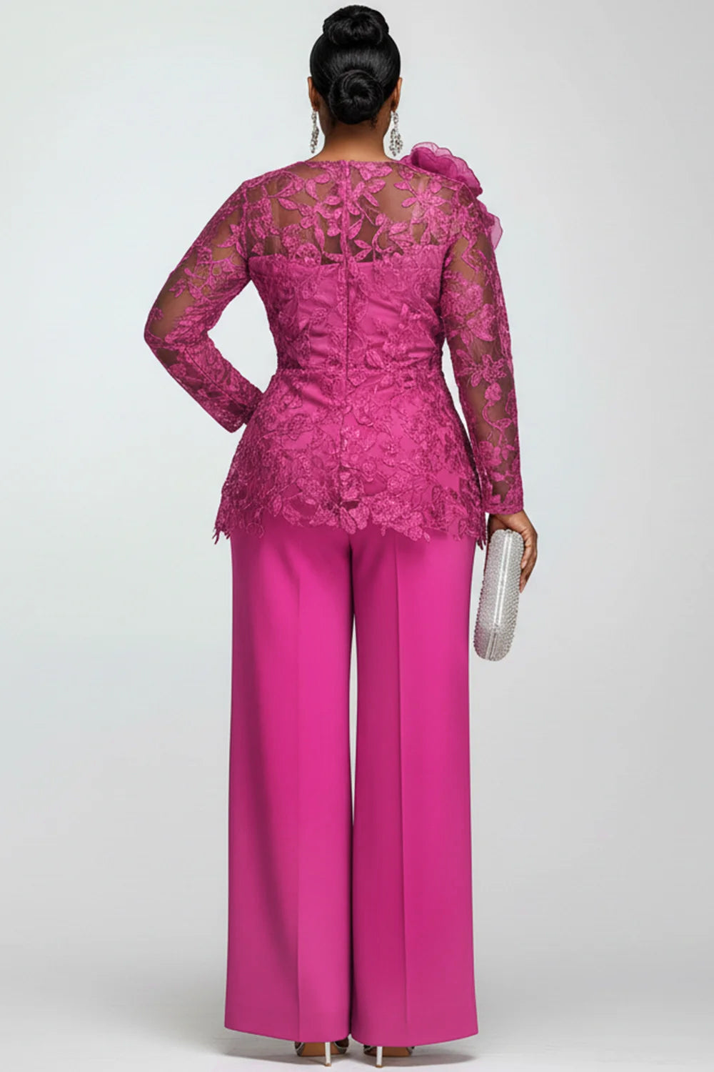 Xpluswear Design Plus Size Mother Of The Bride Chiffon Hot Pink Round Neck Long Sleeve 3D See Through Lace Two Piece Pant Suits