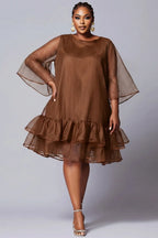 Xpluswear Design Plus Size Party Elegant Brown Round Neck Flare Short Sleeve Ruffle Organza Midi Dresses