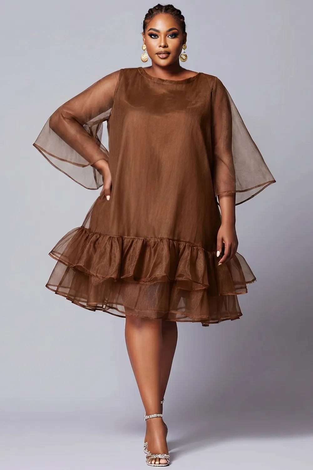 Xpluswear Design Plus Size Party Elegant Brown Round Neck Flare Short Sleeve Ruffle Organza Midi Dresses