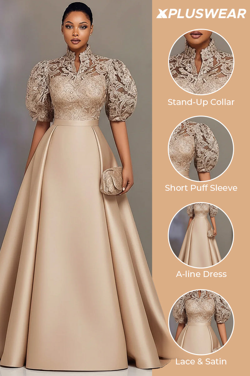 Xpluswear Design Plus Size Formal Satin Champagne Stand-Up Collar Puff Sleeve Short Sleeve Pleated Contrast Lace Maxi Dresses