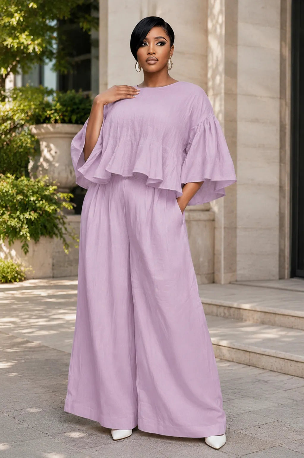 Xpluswear Design Plus Size Business Casual Purple Round Neck Half Sleeve Pocket Wide Leg Linen Two Piece Pant Sets