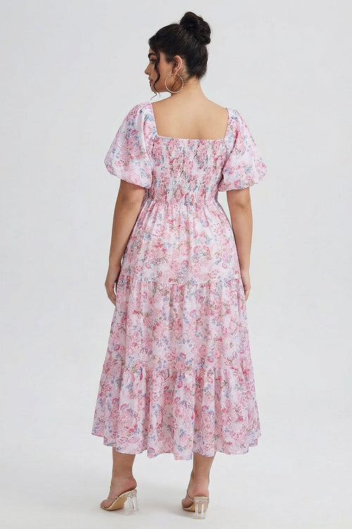 Curveins Plus Size Lantern Sleeves Square Neckline Floral Maxi Dress