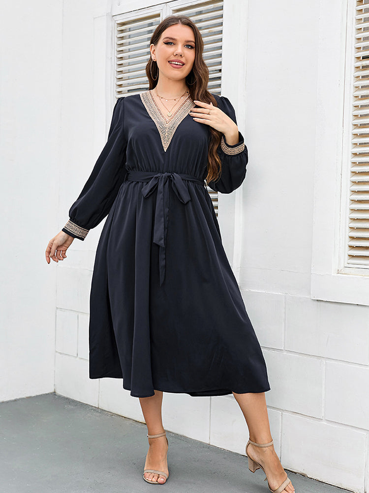 Plus Blue Eyelet Lace Belted Midi Dress