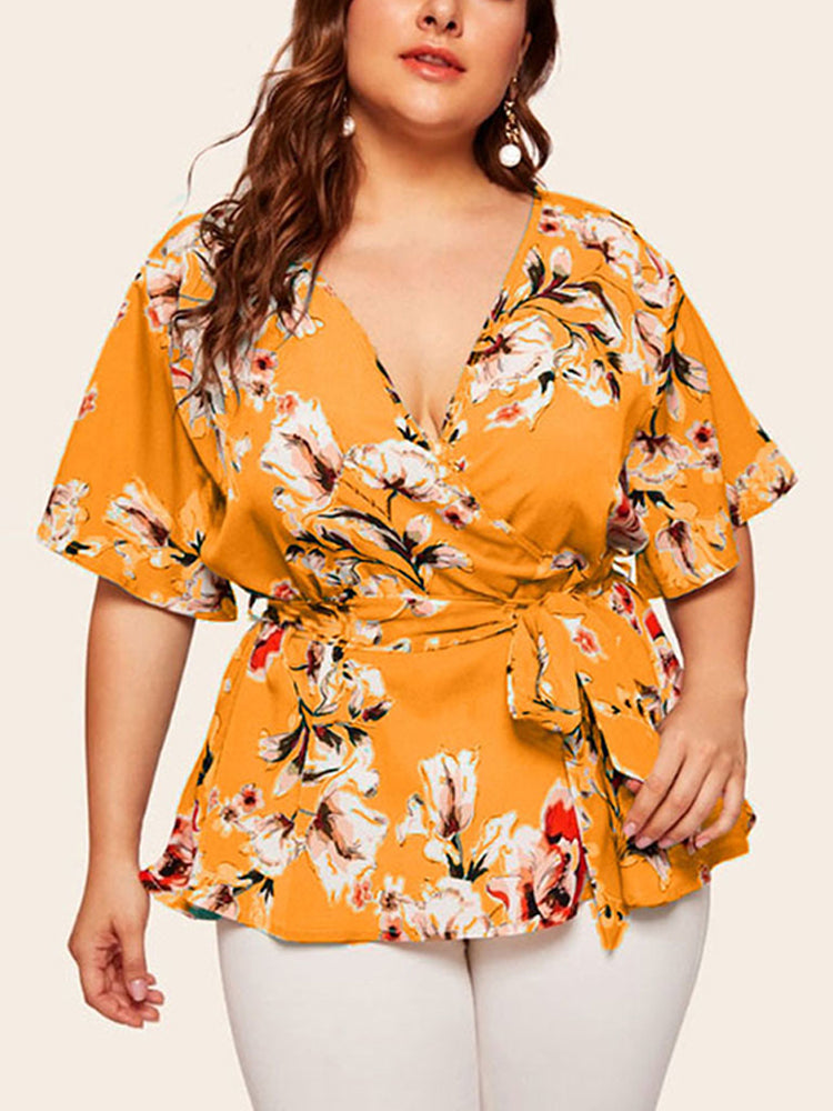Plus Floral Ruffle Warp Babydoll Blouse