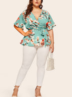 Plus Floral Ruffle Warp Babydoll Blouse