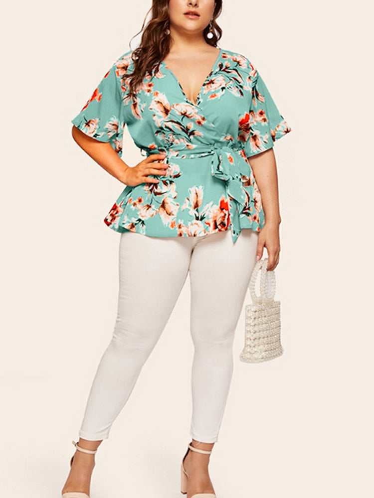 Plus Floral Ruffle Warp Babydoll Blouse